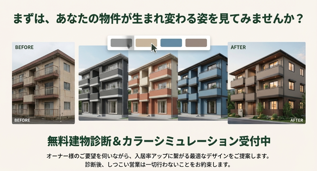 同じアパートでの配色パターンの比較。カラーシミュレーションによるデザイン提案の事例。