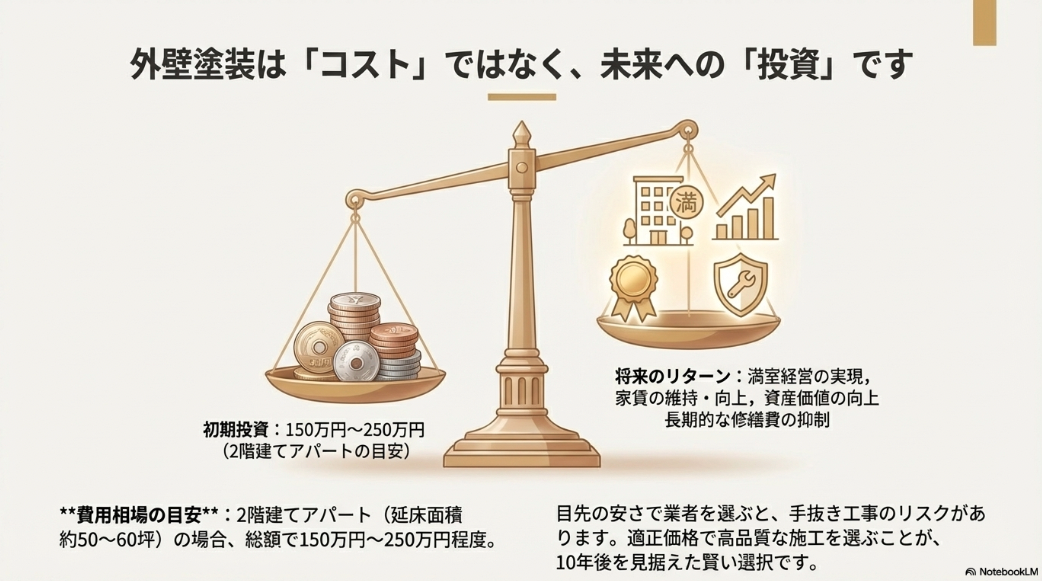 外壁塗装の初期投資と将来のリターン(家賃維持・満室経営・資産価値向上)のバランスを示す天秤のイラスト。