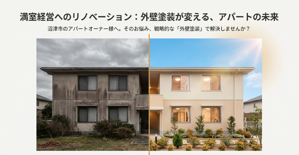 沼津市のアパート外壁塗装ビフォーアフター。暗い印象の外壁がベージュ系の明るい外観に生まれ変わり満室対策に成功した事例。