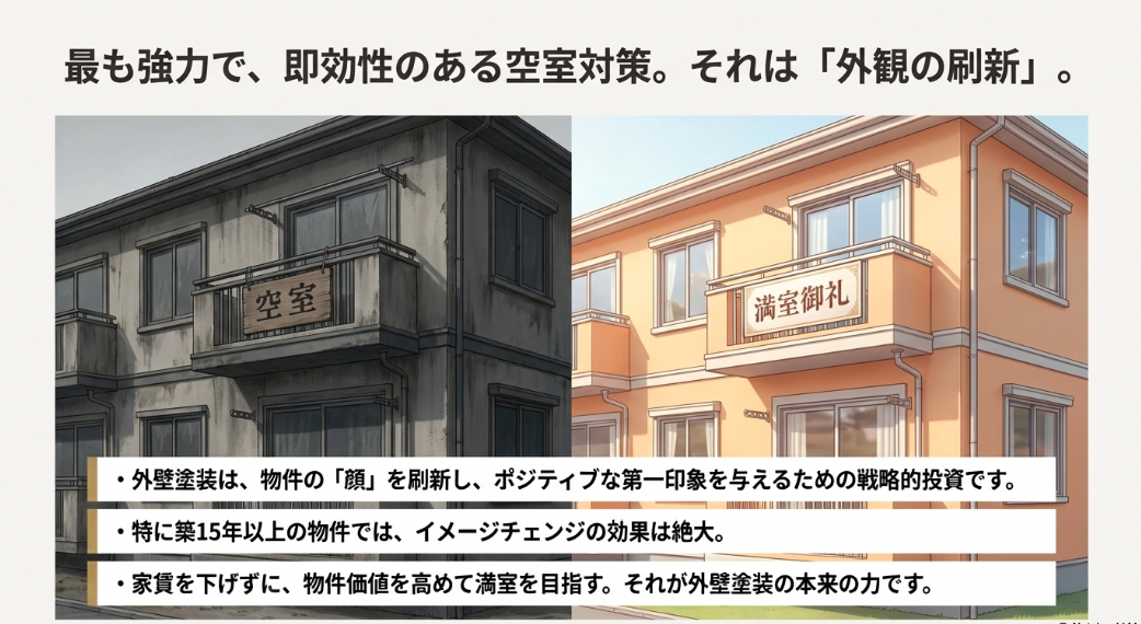 外壁塗装によって「空室」の札が掛かった古いアパートが、「満室御礼」の明るいアパートへ生まれ変わるイラスト。