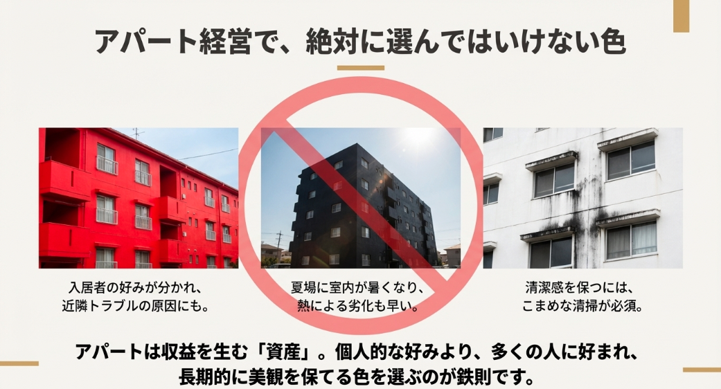 アパート塗装で避けるべき色。好みが分かれる原色、熱を持つ黒、汚れが目立つ真っ白の失敗例。