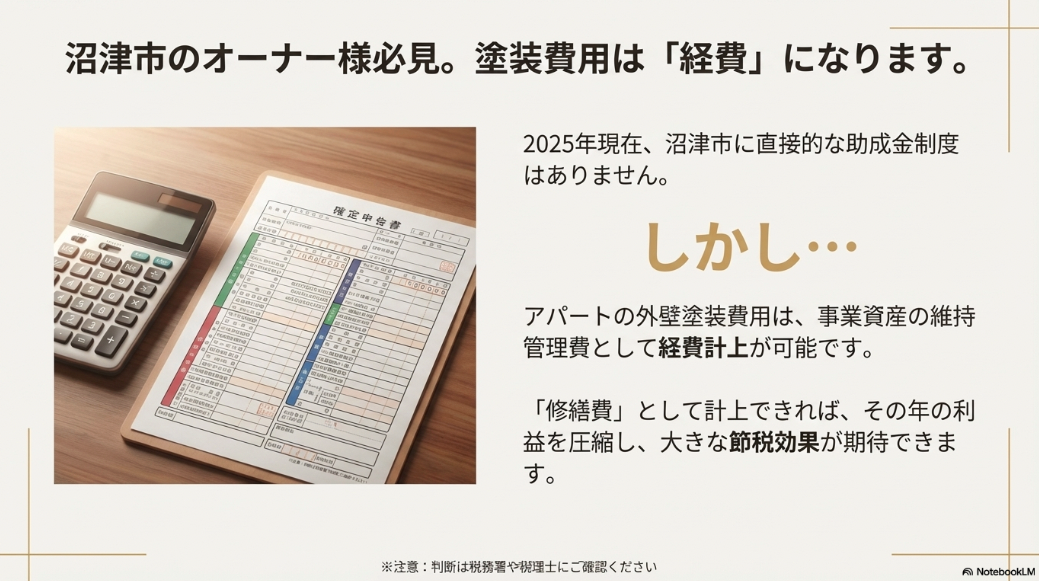 沼津市のアパート塗装における経費計上のイメージ。助成金がなくても、修繕費として計上することで節税効果が期待できる。