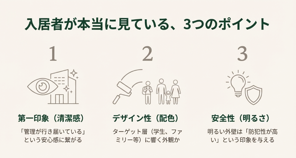 入居者が見ているポイントは、第一印象（清潔感）、デザイン性（配色）、安全性（明るさ）の3点。