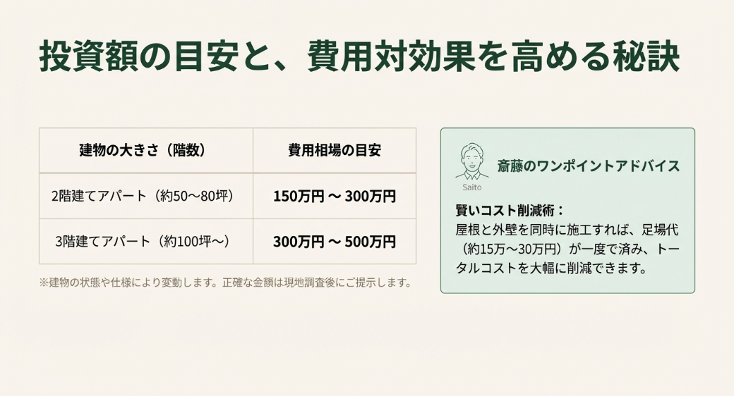 2階建て・3階建てアパートの塗装費用目安と、屋根・外壁同時施工による足場代削減のポイント。