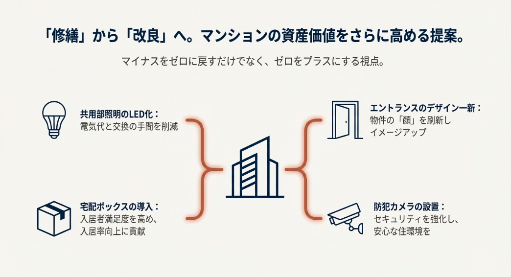 エントランス刷新や防犯カメラ設置など資産価値を高めるリフォーム提案