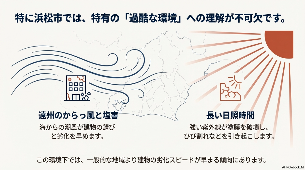浜松市特有の遠州のからっ風と塩害、強い紫外線が建物に与える影響