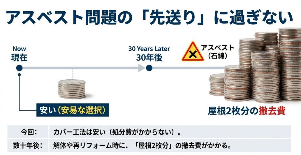 カバー工法はアスベスト処分の先送りであり、将来の解体時に屋根2枚分の撤去費がかかることを示すコスト比較表