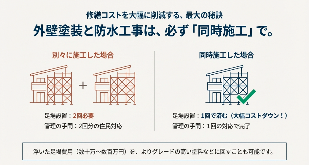 外壁塗装と防水工事の同時施工による足場代コストダウンの仕組み