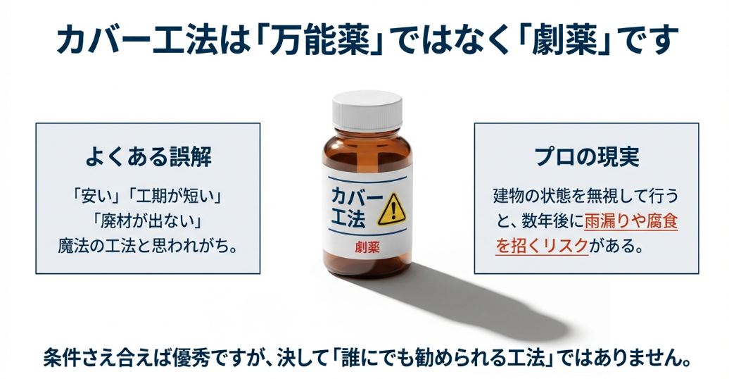 屋根カバー工法は万能薬ではなく劇薬であるという、プロが教える真実と失敗リスクの解説スライド