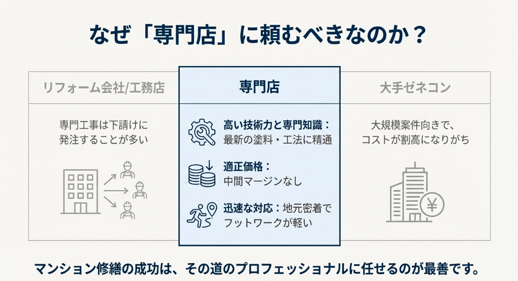 リフォーム会社・工務店・大手ゼネコンと専門店の比較表