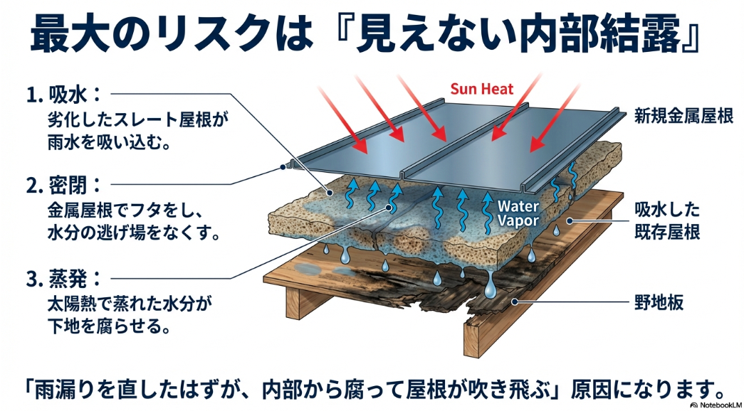 金属屋根のカバー工法で発生する内部結露(吸水・密閉・蒸発)により、野地板が腐る仕組みの図解