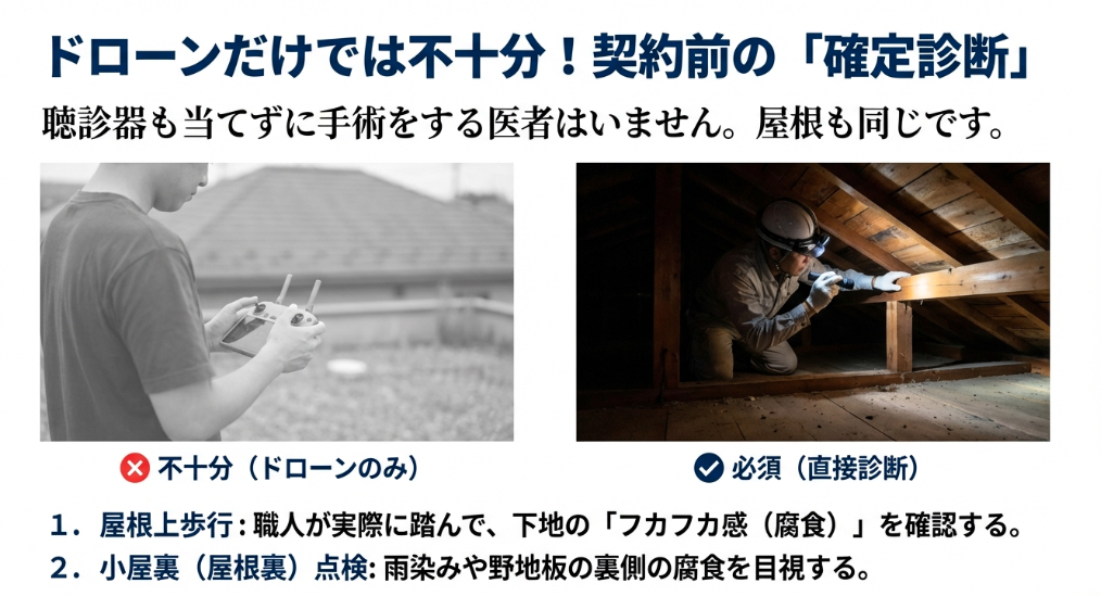 ドローンだけでは不十分な理由。屋根上歩行と小屋裏点検(屋根裏確認)による確定診断の重要性