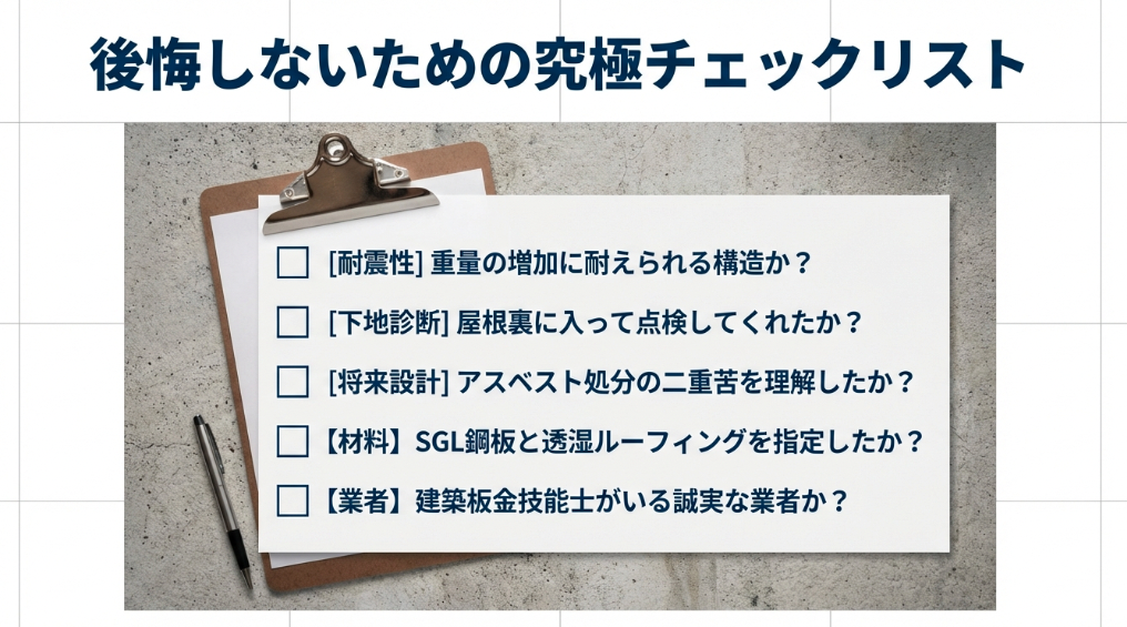 耐震性、下地診断、将来設計、材料選定など、屋根カバー工法で後悔しないための契約前確認リスト