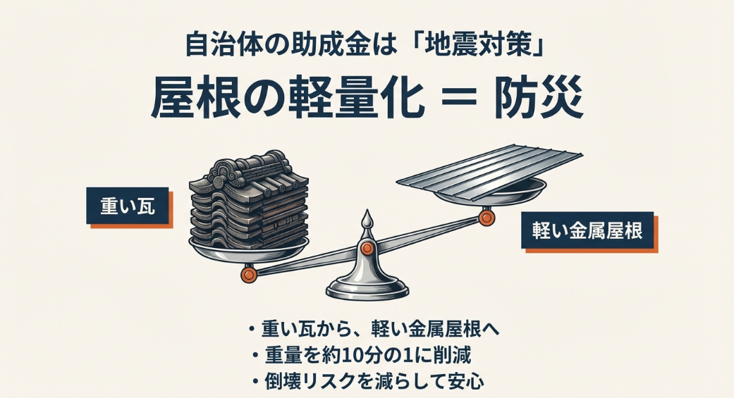 耐震対策として重い瓦から軽い金属屋根へ軽量化し倒壊リスクを低減