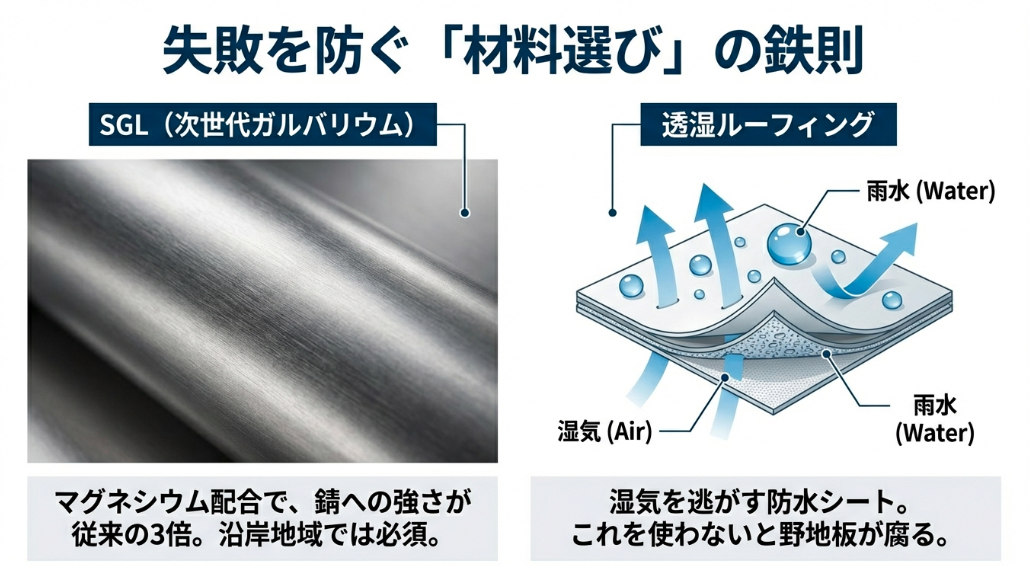 錆に強いSGL鋼板(次世代ガルバリウム)と、湿気を逃がす透湿ルーフィングを使用した正しい材料選定の鉄則