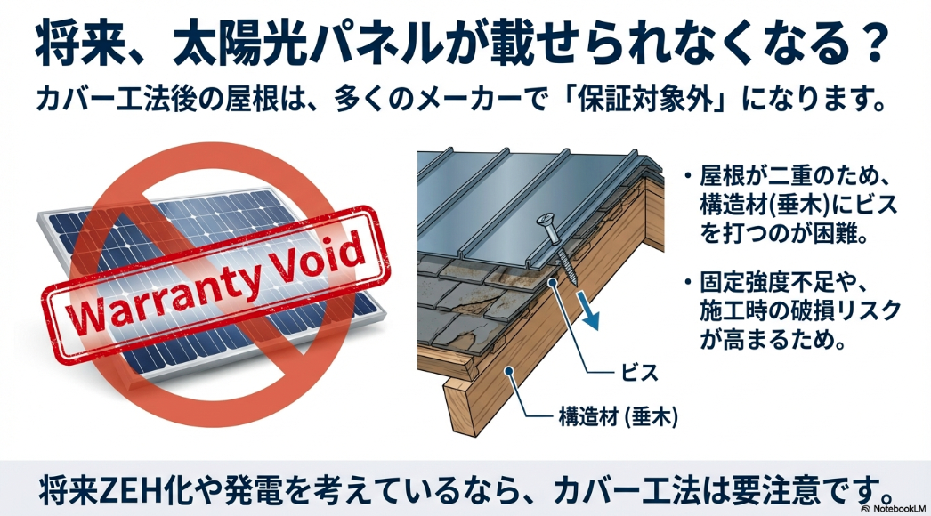 カバー工法後の屋根には構造材へのビス打ちが困難であり、太陽光パネルのメーカー保証が対象外になる理由
