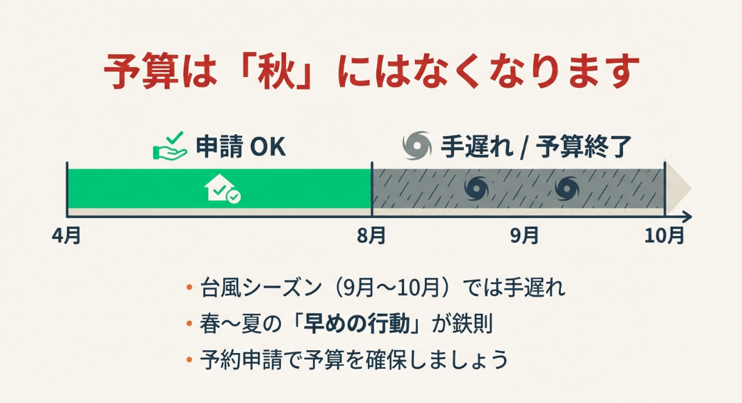 補助金予算は秋には終了するため春から夏にかけての早めの申請が必要