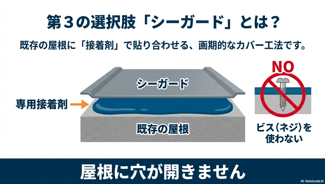 既存の屋根に専用接着剤で貼り合わせる、ビスを使わない画期的なカバー工法