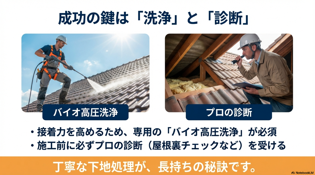 接着力を高めるためのバイオ高圧洗浄と、施工前の屋根裏チェックなどプロの診断の重要性