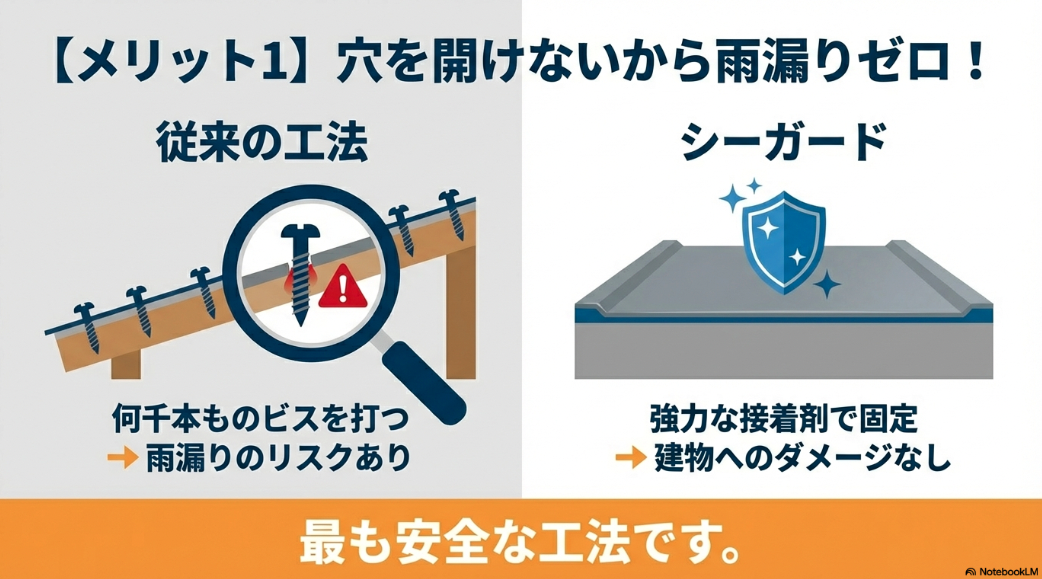 何千本ものビスを打つ従来の工法による雨漏りリスクと、強力な接着剤で固定し建物へダメージを与えないシーガードの比較
