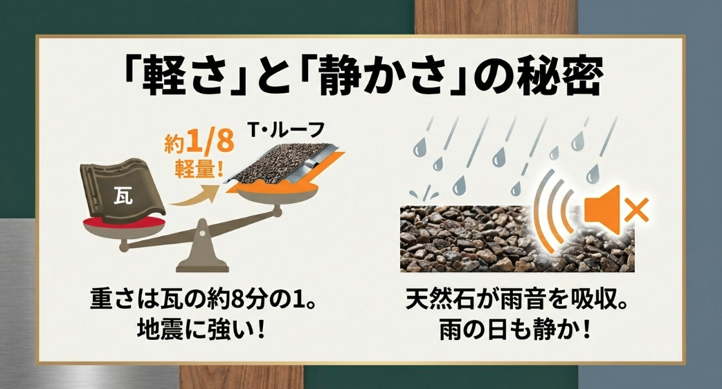 重さは瓦の約8分の1で地震に強く、天然石が雨音を吸収して静かな室内環境を実現