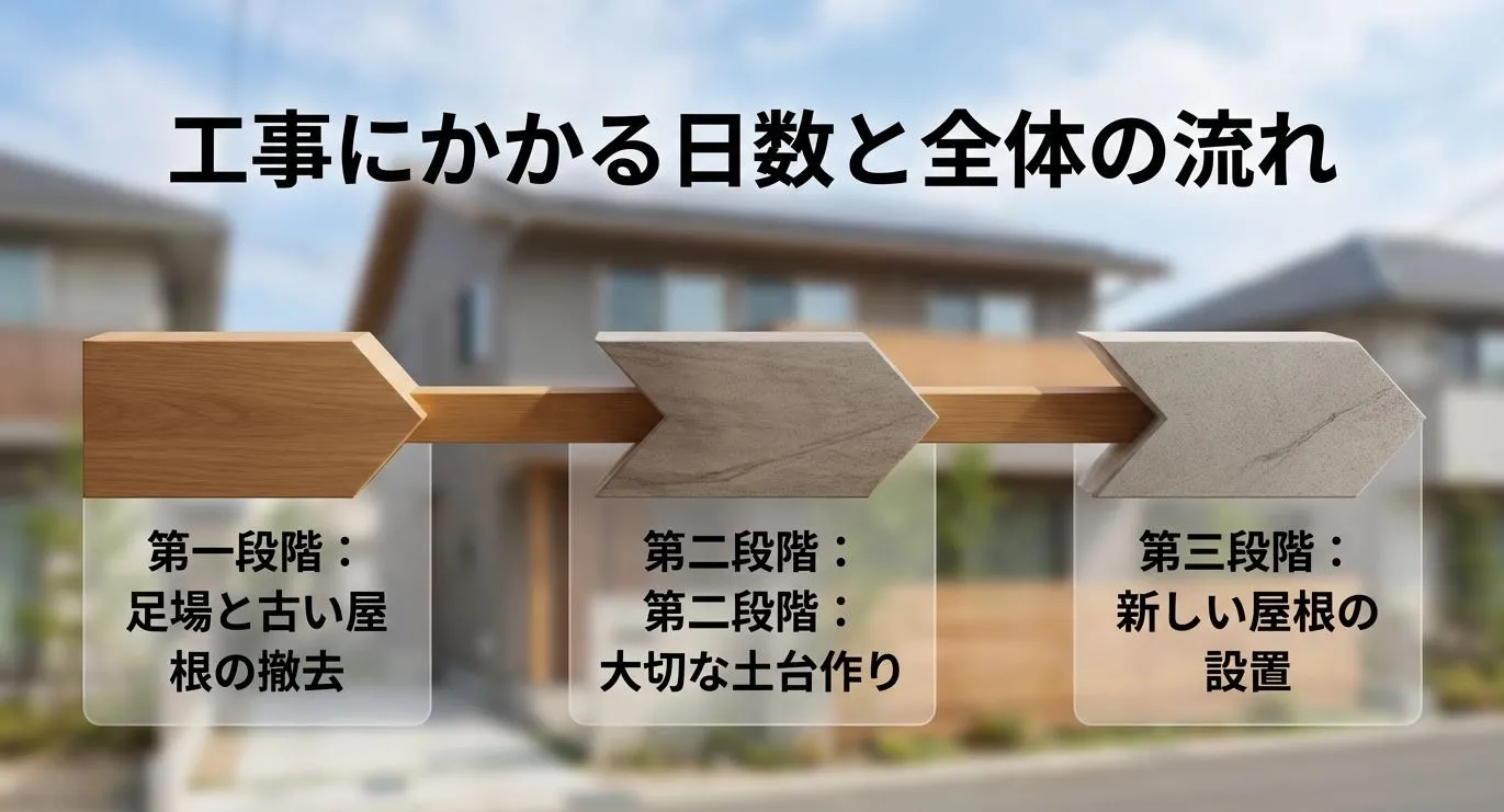 工事にかかる日数と全体の流れ(第一段階:足場・撤去、第二段階:土台作り、第三段階:設置)をまとめたスライド