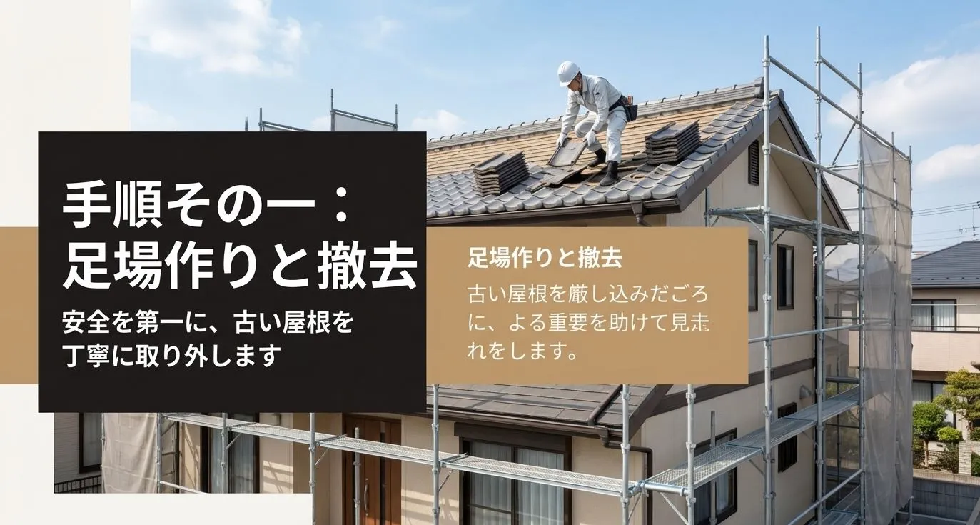 安全第一で足場を作り、古い屋根を丁寧に取り外す手順を説明するスライド。