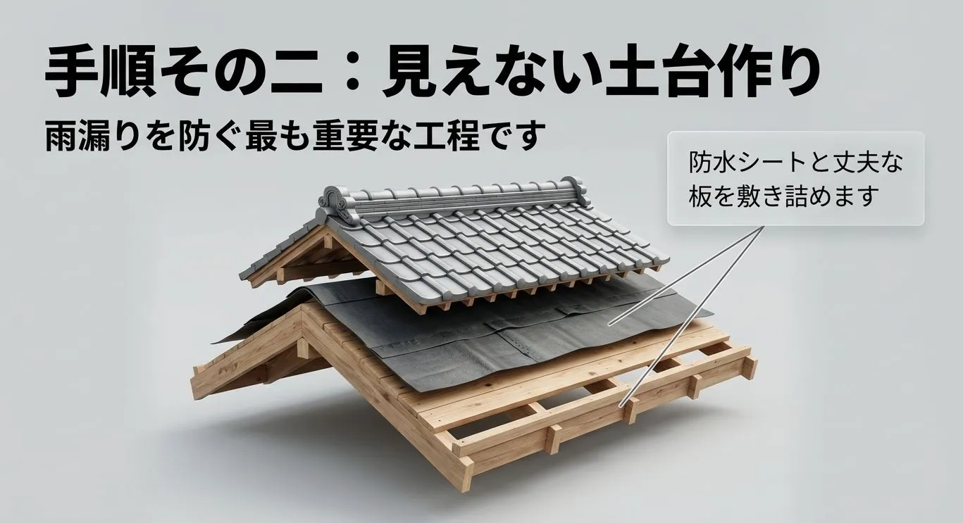 防水シートと丈夫な板を敷き詰め、雨漏りを防ぐための最も重要な土台作り工程を説明するスライド