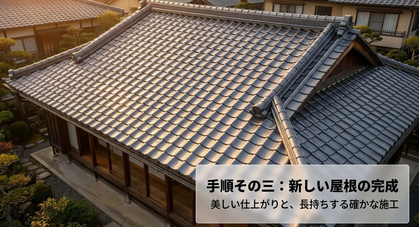 美しい仕上がりと長持ちする確かな施工で、新しい屋根を完成させる工程を説明するスライド。