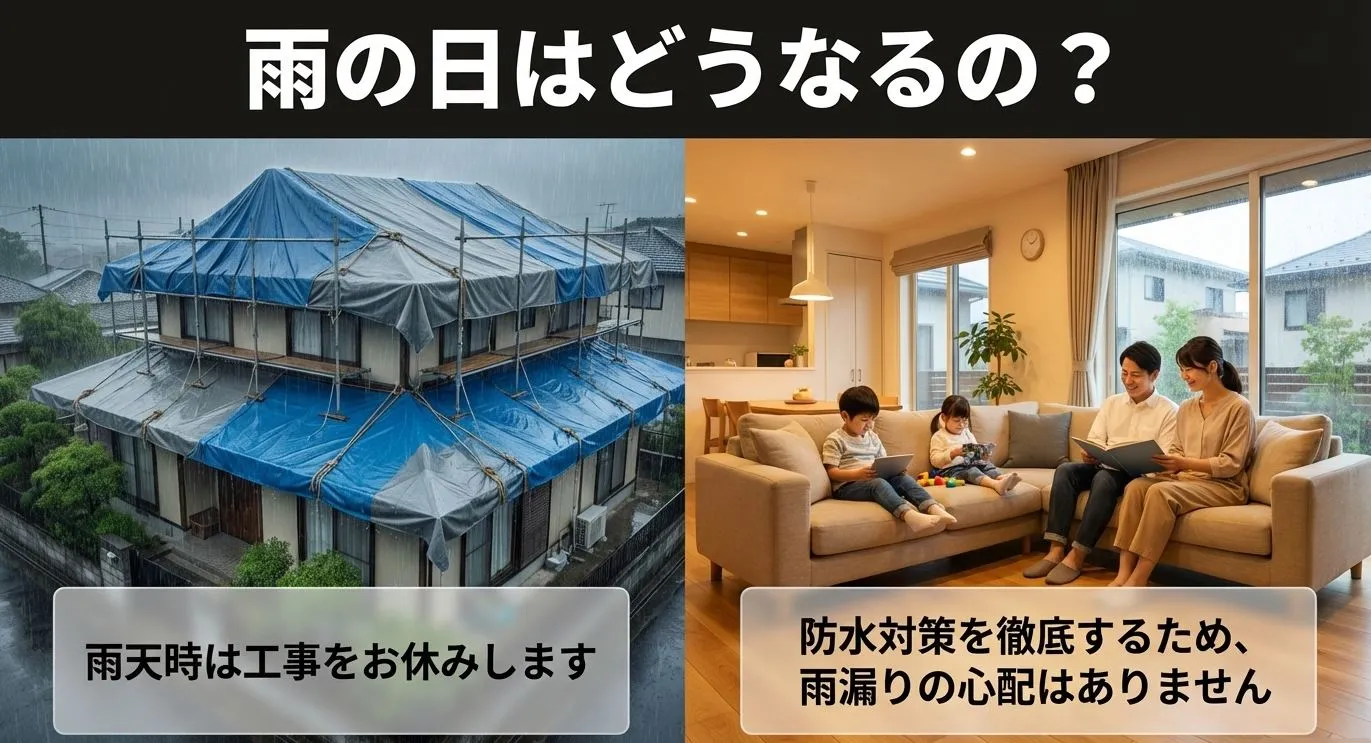 雨の日は工事を休み、ブルーシートで家全体を覆って徹底した防水対策を行う様子を示した画像