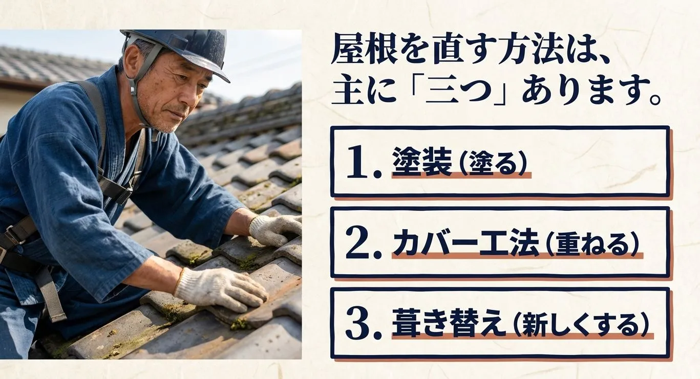 瓦屋根の上で、職人が身を乗り出して瓦の状態やズレを細かくチェックしている現場の写真。