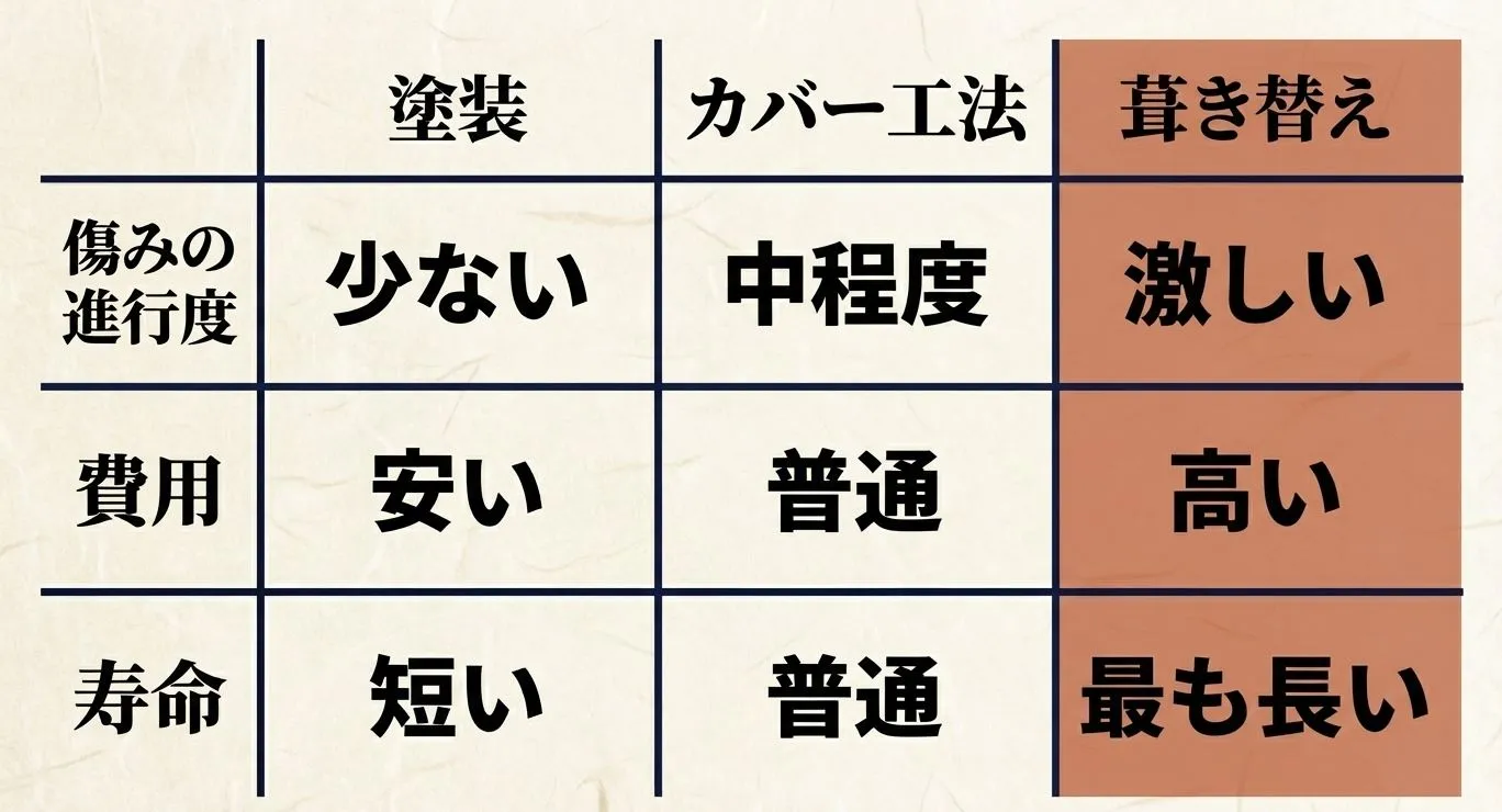 塗装、カバー工法、葺き替えの3種を、傷みの度合い・費用・寿命の軸で比較した一覧表