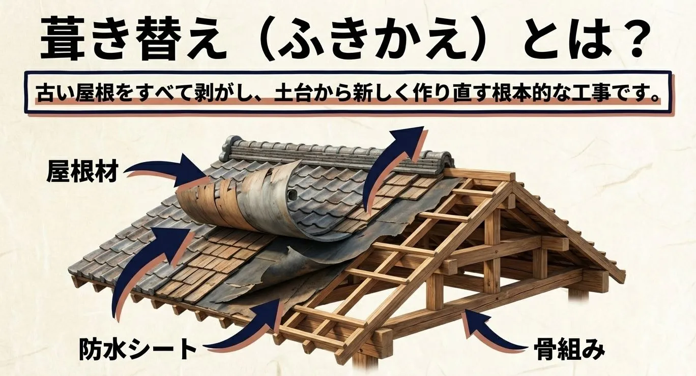 屋根材、防水シート、骨組みの3層構造を断面図で示し、葺き替えが土台から新しくする工事であることを説明するイラスト