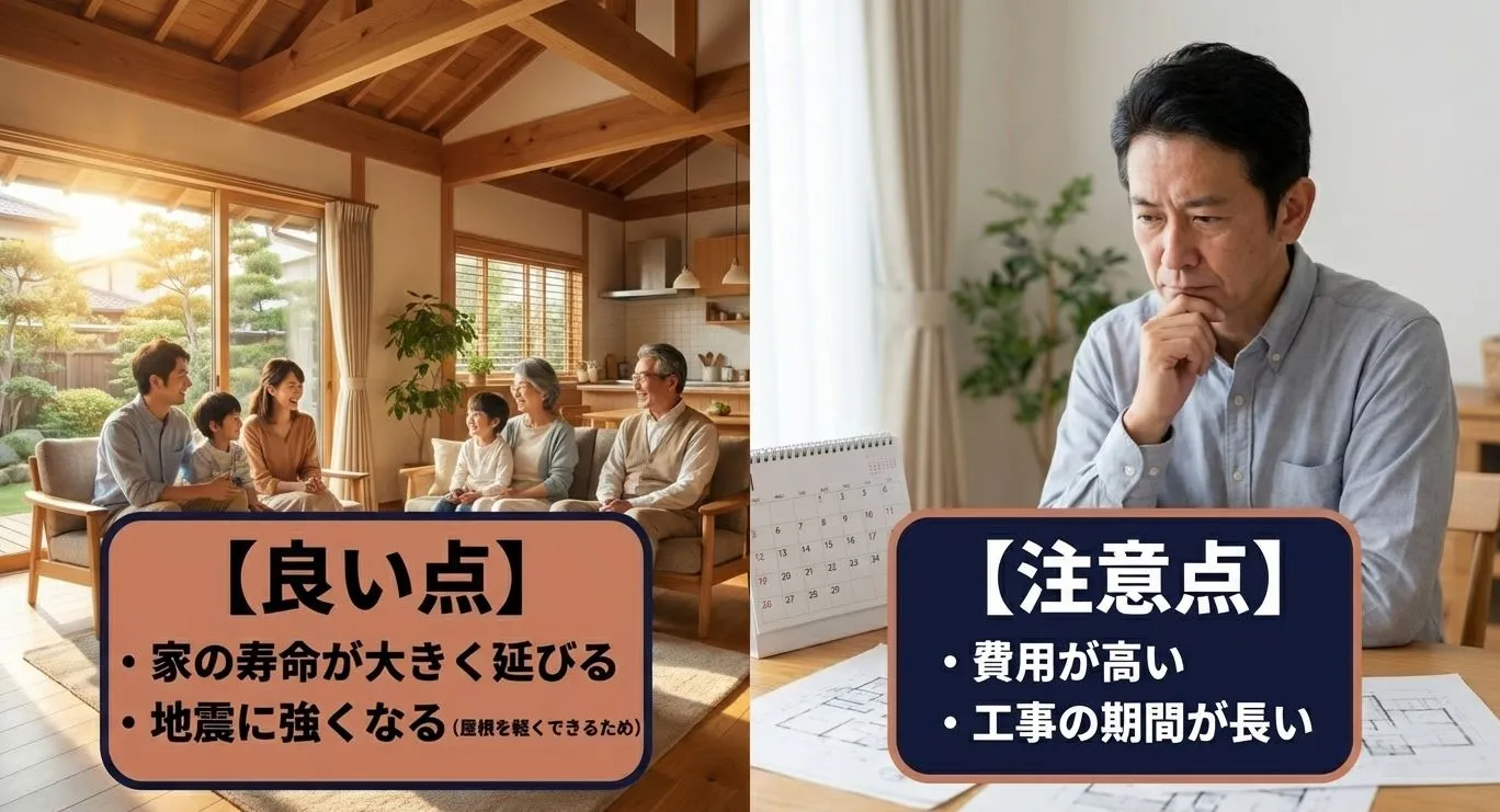 良い点(寿命延長・地震に強い)と注意点(費用・工期)を簡潔にまとめた比較リスト。