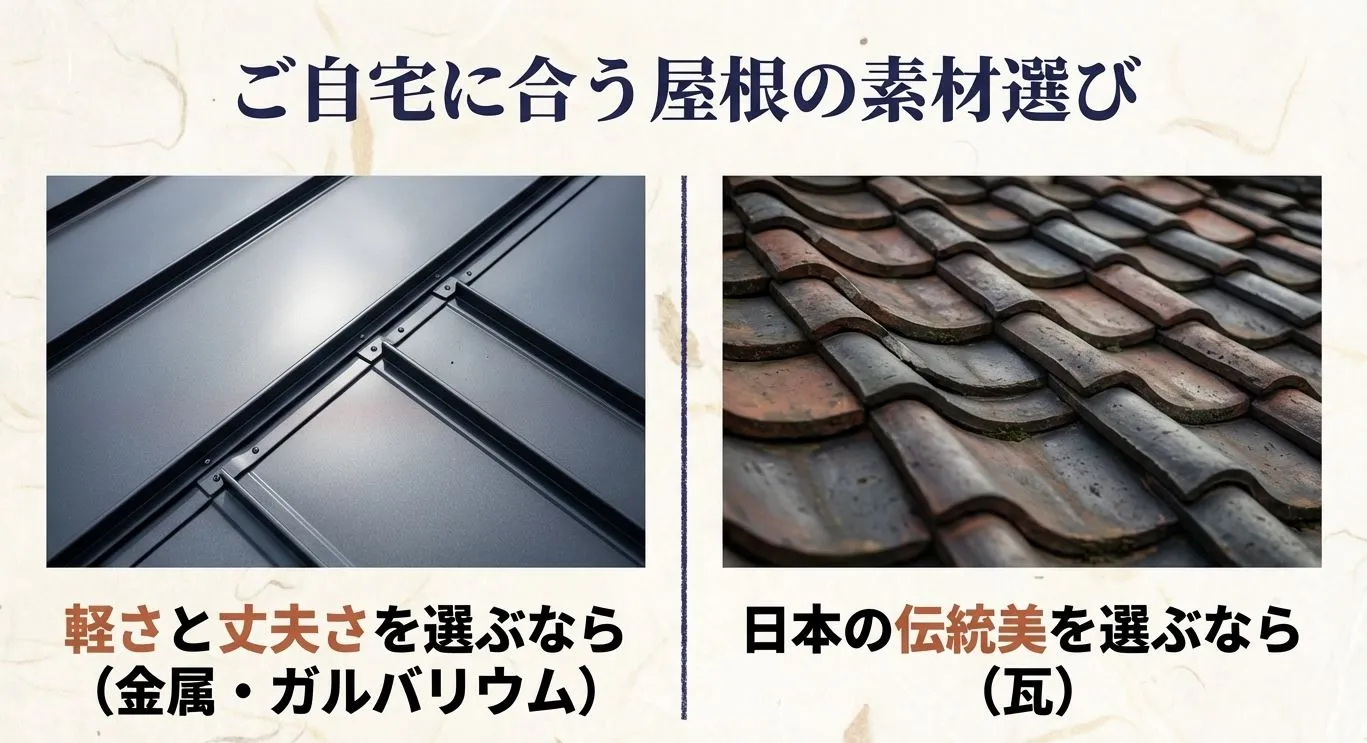 軽くて丈夫なガルバリウム鋼板と、伝統美のある瓦の写真を並べ、それぞれの魅力を紹介するスライド