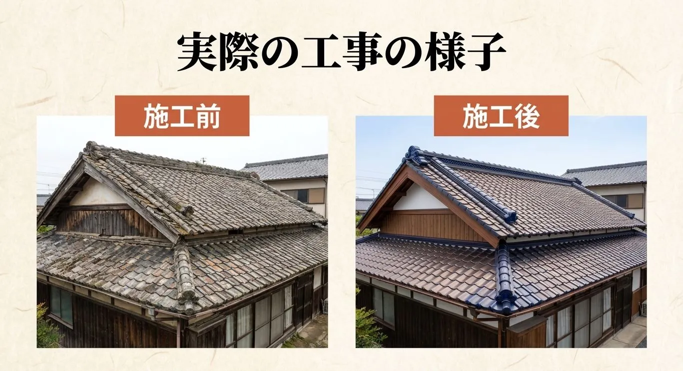 経年劣化した古い瓦屋根が、葺き替え工事によって美しく蘇った様子を比較するビフォーアフター写真