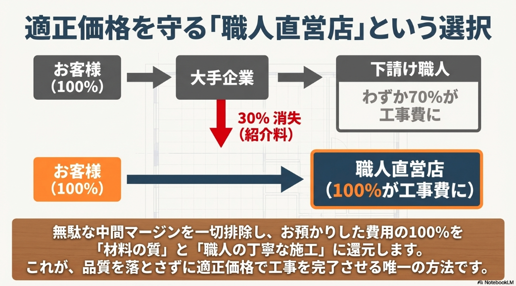 費用の一部が紹介料として消失する大手企業と、100%が工事費に還元される職人直営店の違いを図解したスライド