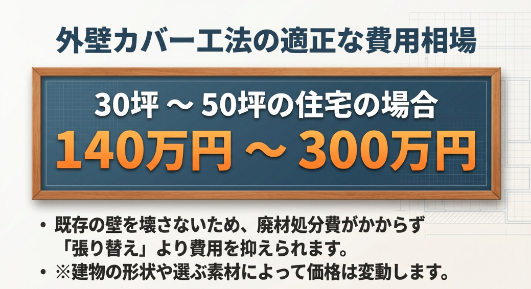 30坪から50坪の住宅における外壁カバー工法の適正な費用相場(140万円から300万円)を示すスライド