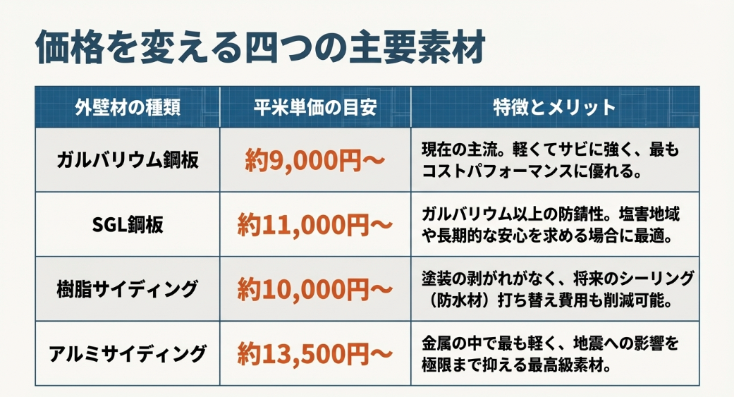 ガルバリウム鋼板、SGL鋼板、樹脂サイディング、アルミサイディングの特徴と平米単価の目安をまとめた比較表