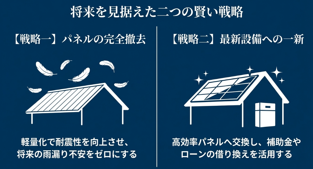 将来を見据えた二つの賢い戦略として、軽量化のためのパネル完全撤去と、高効率パネルへ交換する最新設備への一新を示す図解