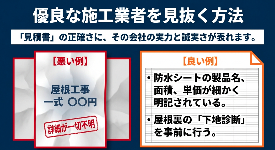 詳細が不明な悪い見積書の例と、製品名や面積が明記された良い見積書の例を比較した画像