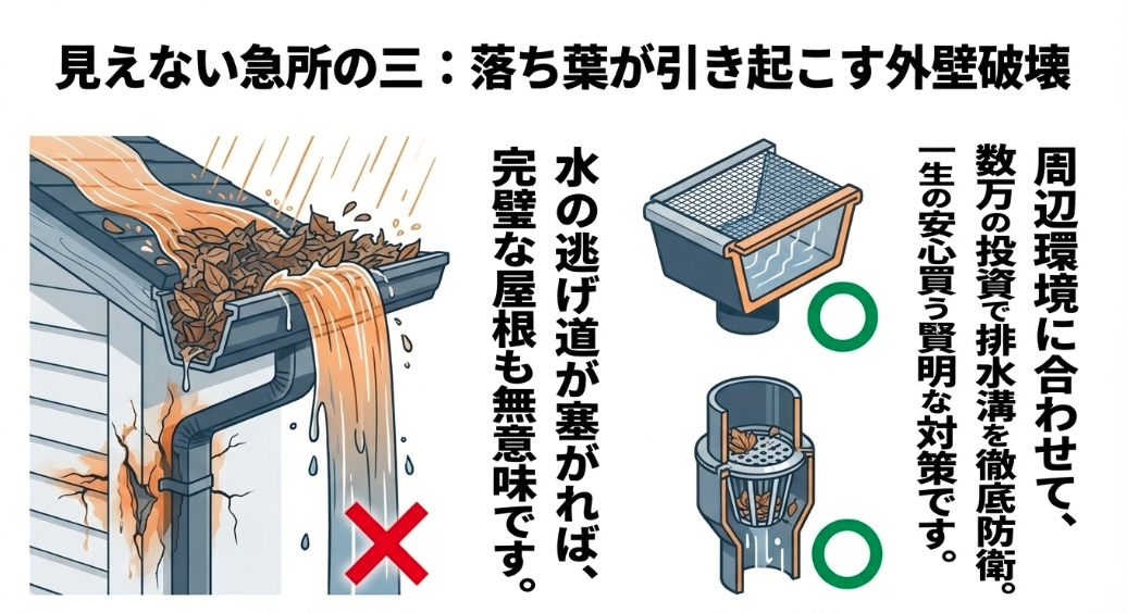 落ち葉が引き起こす雨樋の詰まりと外壁破壊のリスク、および周辺環境に合わせて排水溝を徹底防衛する対策を示す図