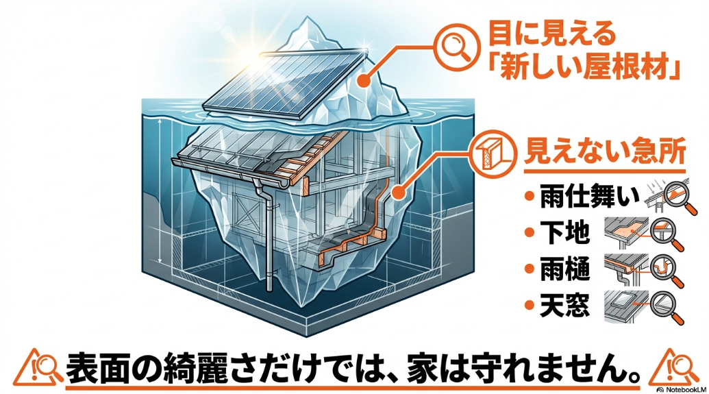 新しい屋根材は目に見えるが、雨仕舞いや下地、雨樋、天窓などの見えない部分が急所であることを示す氷山の図解