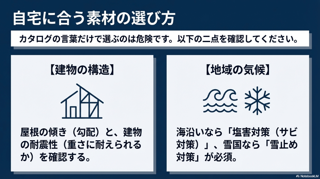 建物の構造(屋根の勾配や耐震性)と地域の気候(塩害や雪止め)に合わせて屋根材を選ぶ重要性を解説したスライド