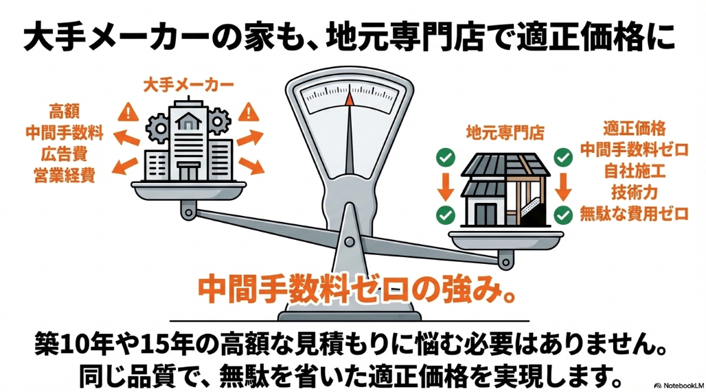 高額な中間手数料がかかる大手メーカーと、無駄な費用ゼロで適正価格を実現する地元専門店の比較図