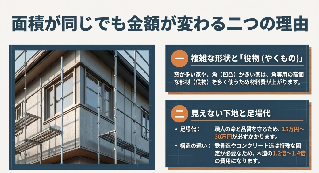 足場が組まれた住宅の画像と、複雑な形状の役物や足場代によってカバー工法の金額が変わる理由を解説したスライド