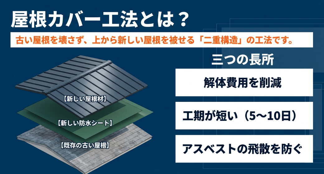 既存の古い屋根の上に新しい防水シートと屋根材を被せる二重構造の屋根カバー工法を図解した画像