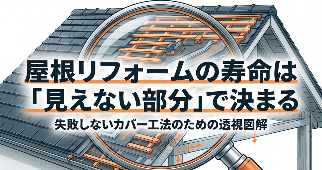 「屋根リフォームの寿命は『見えない部分』で決まる」と書かれた失敗しないカバー工法のためのタイトルスライド
