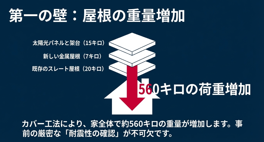 太陽光パネルと新しい金属屋根の追加により家全体で約560キロの重量が増加し、事前の耐震性確認が不可欠であることを示す図