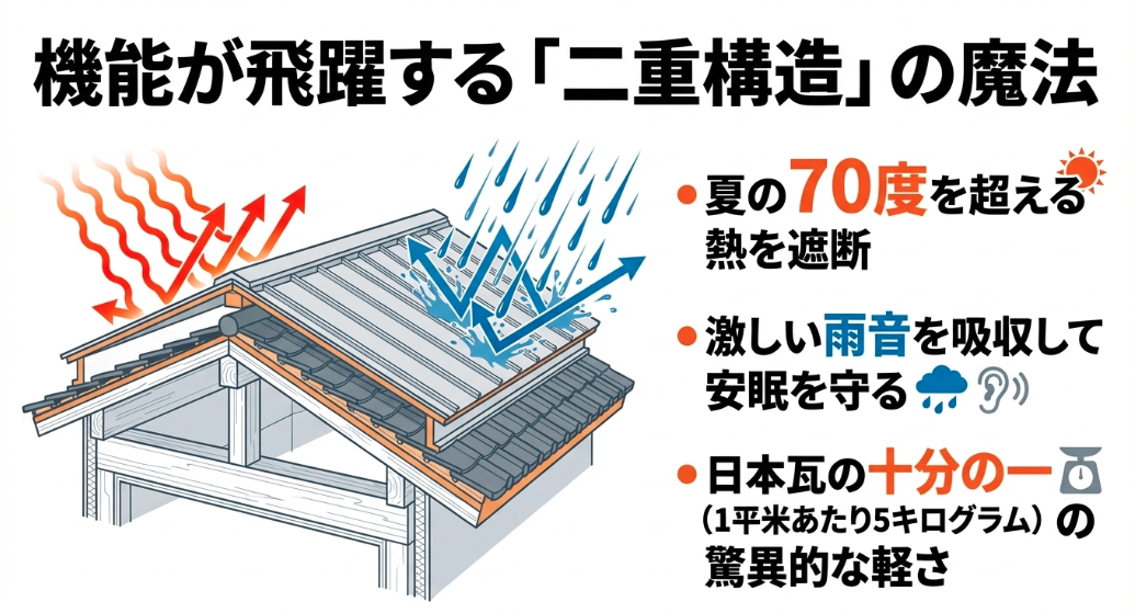 夏の70度を超える熱を遮断し、激しい雨音を吸収する「二重構造」の機能を解説した屋根の断面図